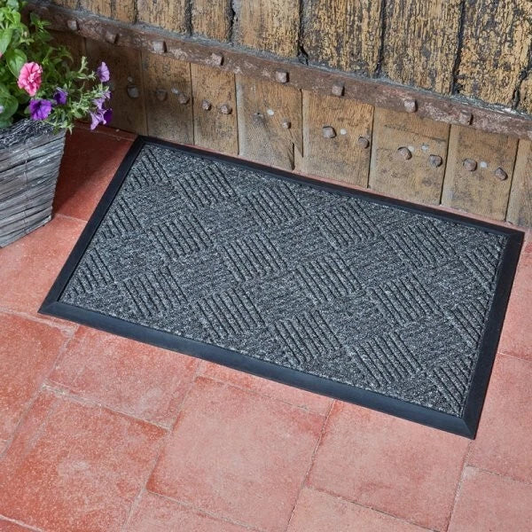 Grey Door Mat Checked Non Slip Outdoor Indoor Absorbent Rubber Back Entrance Mat