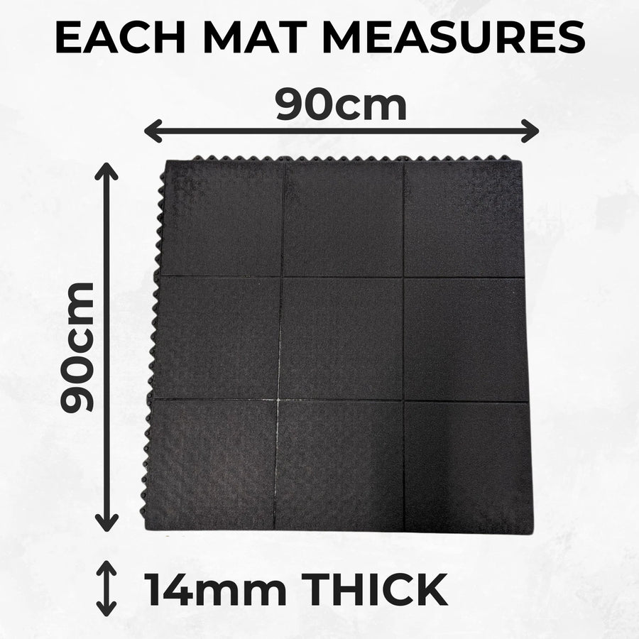 Rubber Gym Floor Tiles | 12 Mat Pack Of Heavy Duty 14mm Interlocking 900 x 900mm